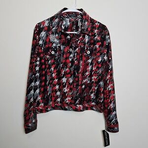 Notations Sequin Jacket Blazer Red Black Silver Button Front Women's M NWT
